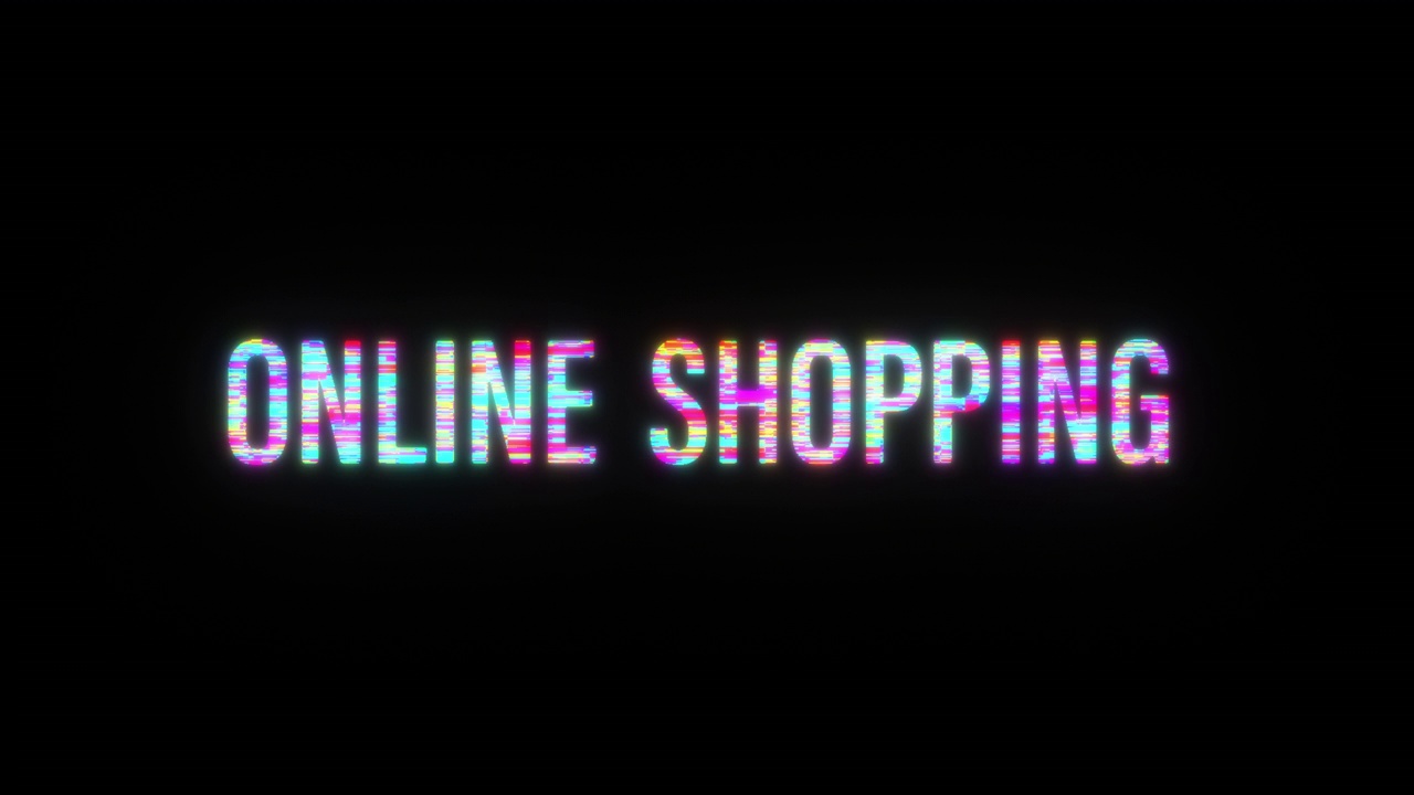网上购物彩色文本字闪烁光动画循环与小故障文本效果。4k 3d在线购物故障效果元素介绍，标题横幅。色彩斑斓的视频下载