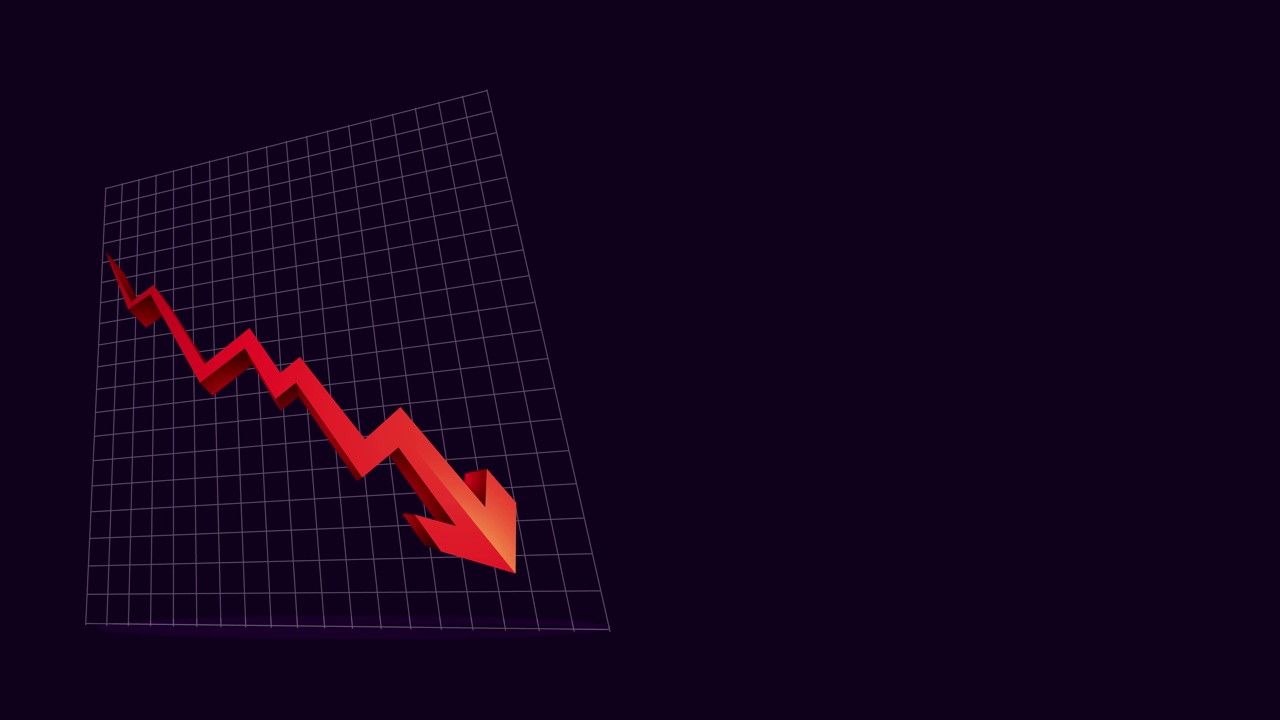 向下箭头动画图标。经济简单移动箭头股票视频股票视频-显示波动下降趋势的图形的动画素材，向下的红色箭头图表股票视频在黑色背景(覆盖alpha通道)视频素材
