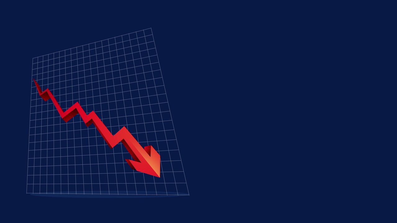 向下箭头动画图标。经济简单的移动箭头股票视频股票视频-显示波动下降趋势的图形的动画素材，向下的红色箭头图表股票视频在深蓝色的背景视频素材