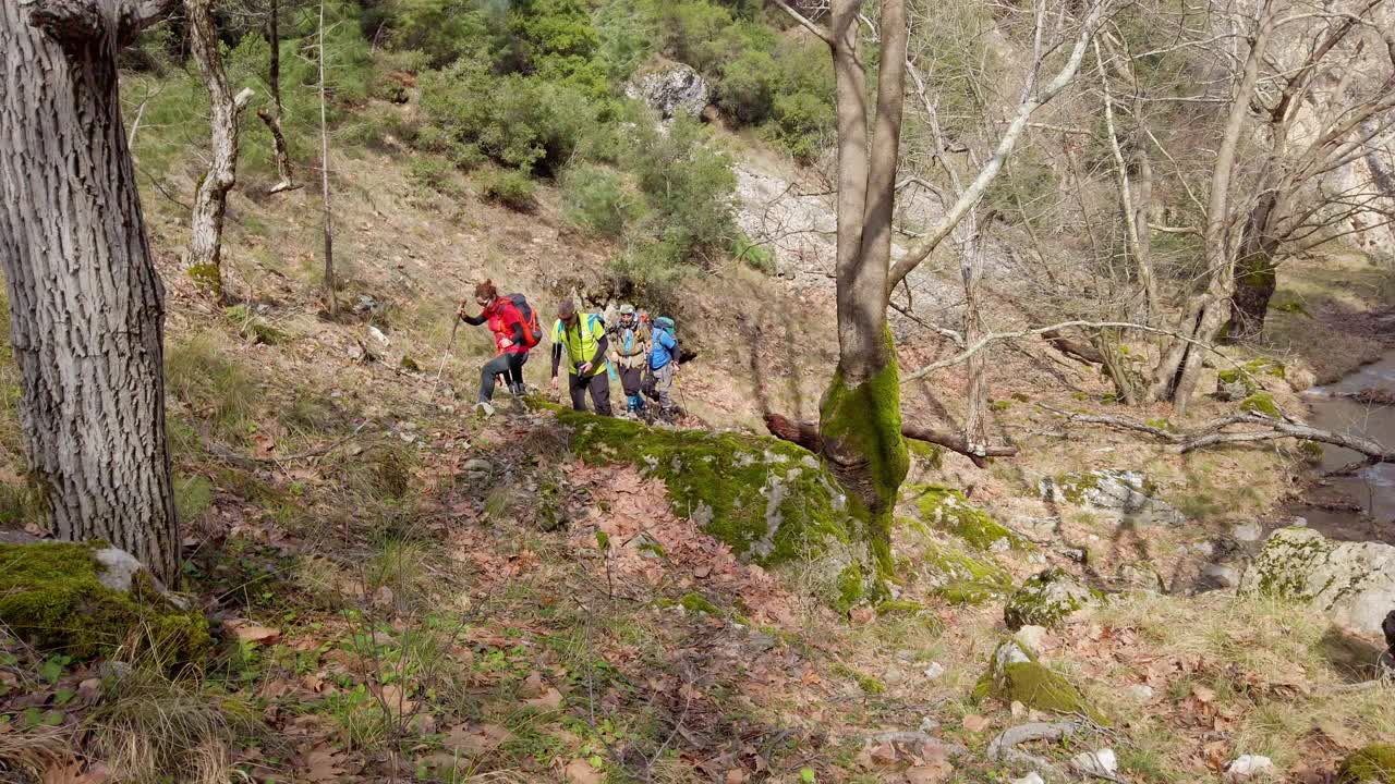 登山队在峡谷中行走，欣赏森林、峡谷中的瀑布美景视频下载