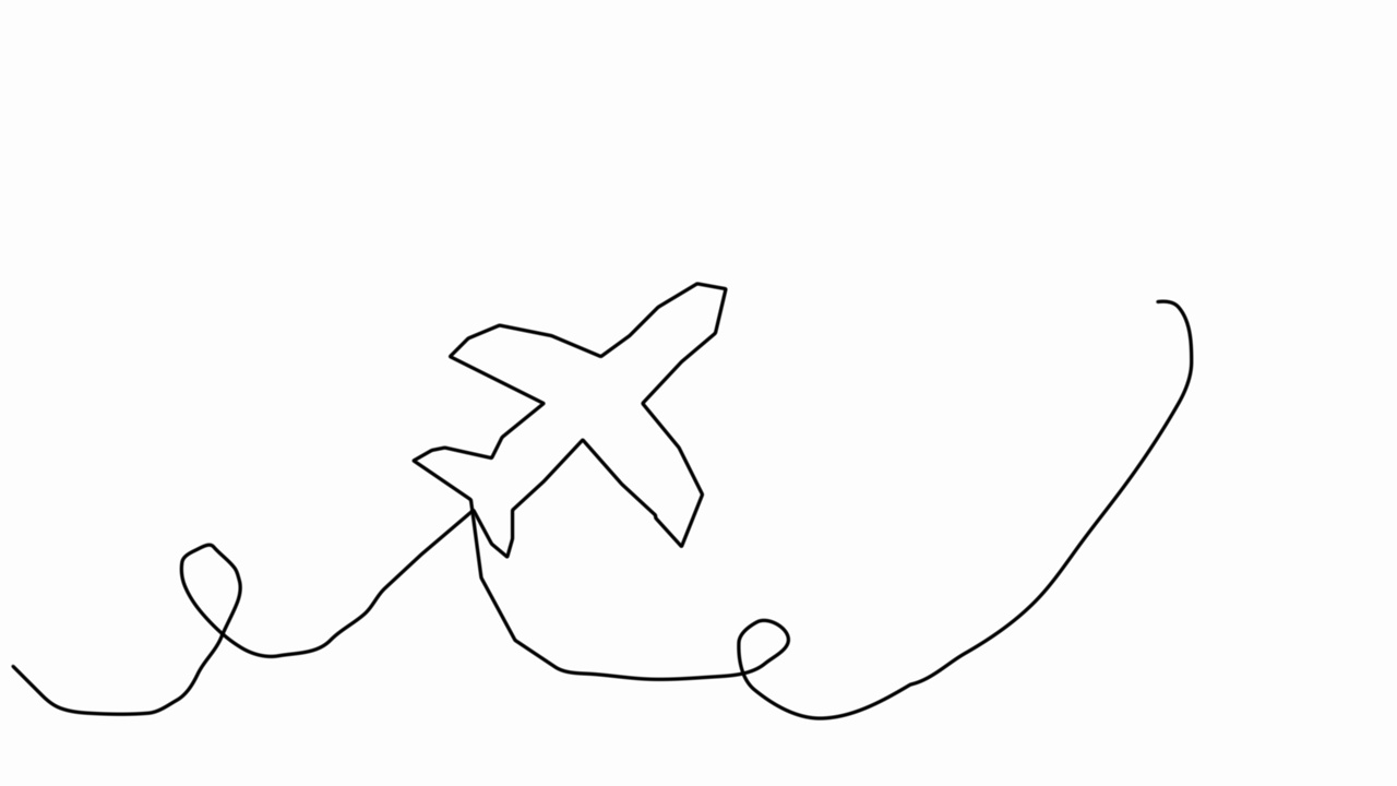 自我包含一个直线绘制的动画，飞机飞到一个白色的背景上的天空。旅行的概念。连续的线条画。完整的动画。视频下载