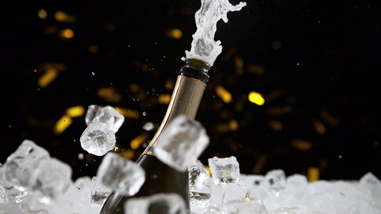 香槟酒瓶从冰块下冒出来，在慢动作中打开瓶塞视频下载