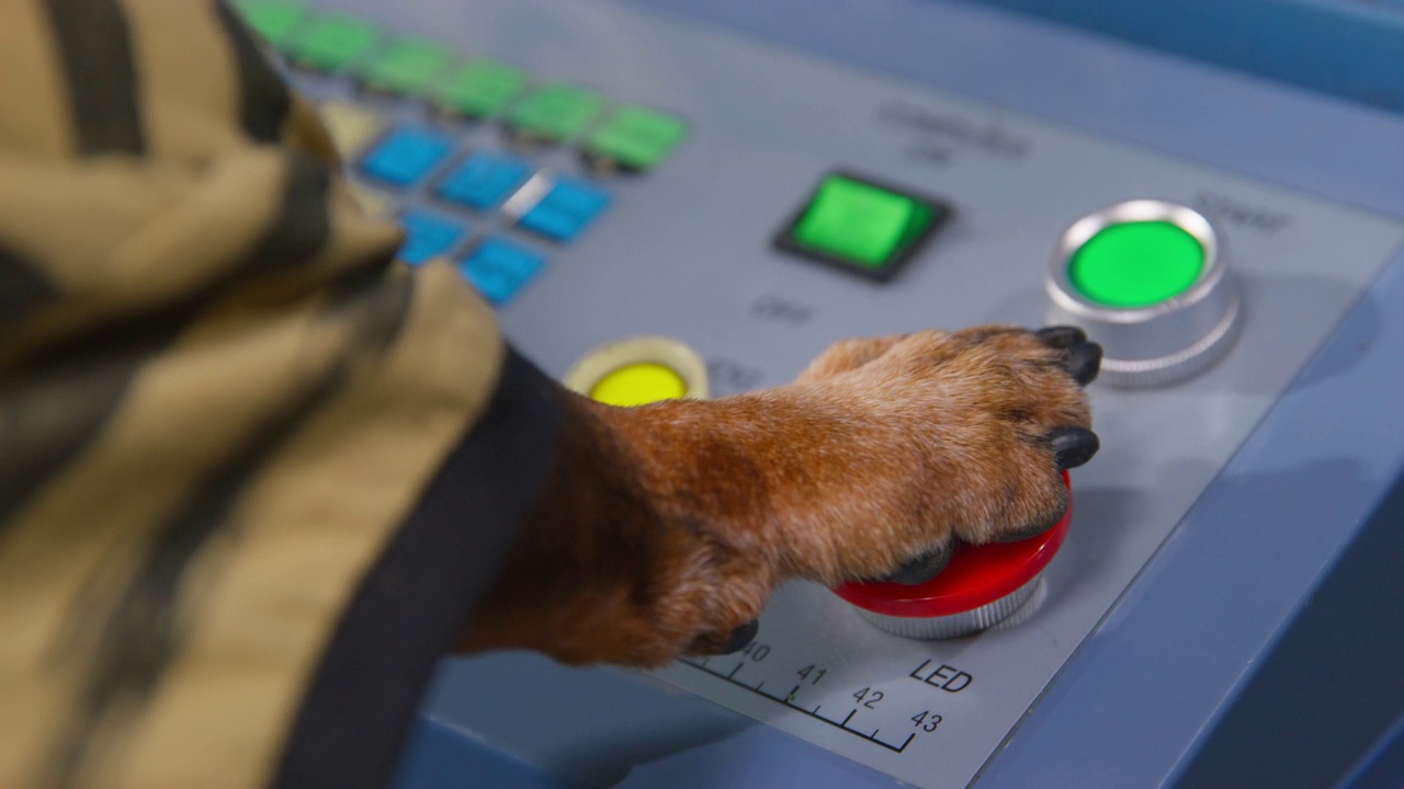 穿着t恤的狗正紧张地用爪子按下面板上的红色大启动按钮，从后面看，靠近。在工厂遥控机器人机器视频素材
