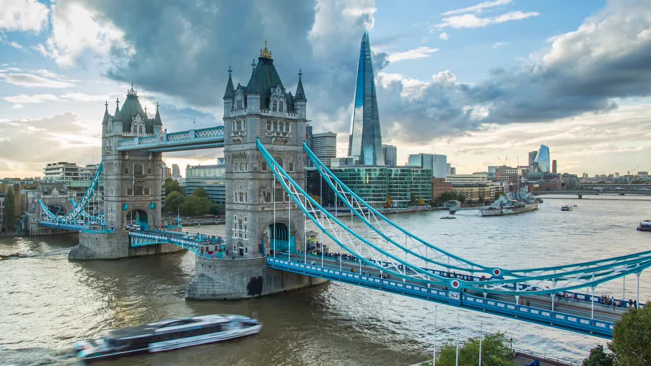 塔桥和碎片，泰晤士河，伦敦，英国视频下载