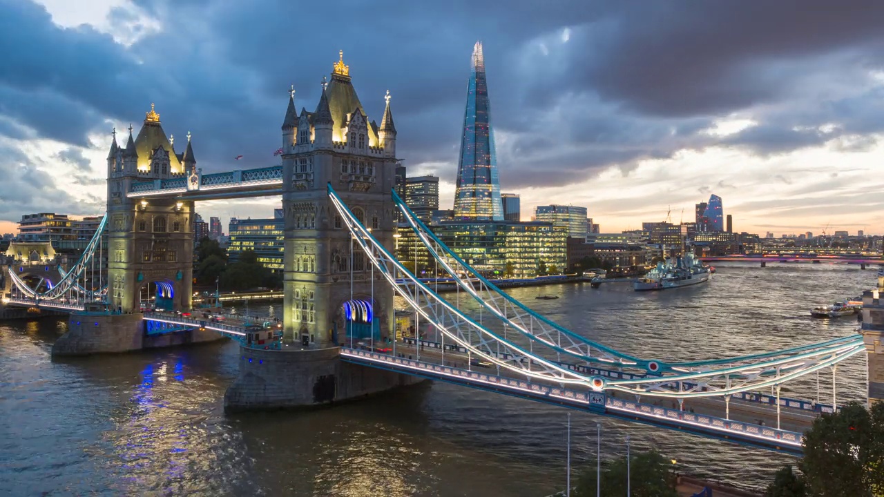 伦敦塔桥和碎片，泰晤士河，英国，伦敦视频下载
