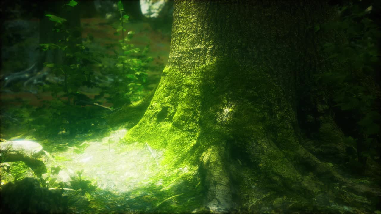 森林景观，古老的大树和长满青苔的石头视频素材