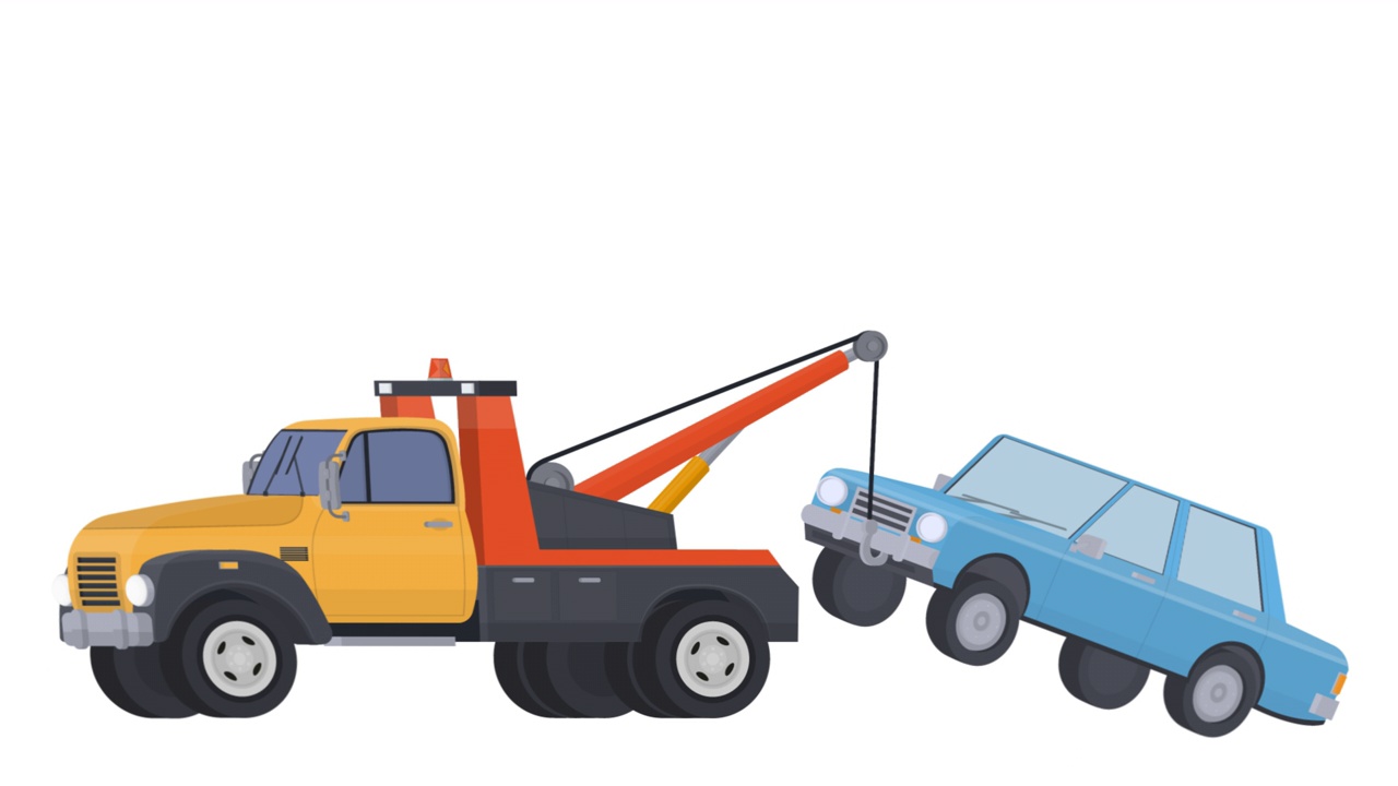 牵引车。一辆拖车拖着一辆汽车的动画。卡通视频素材