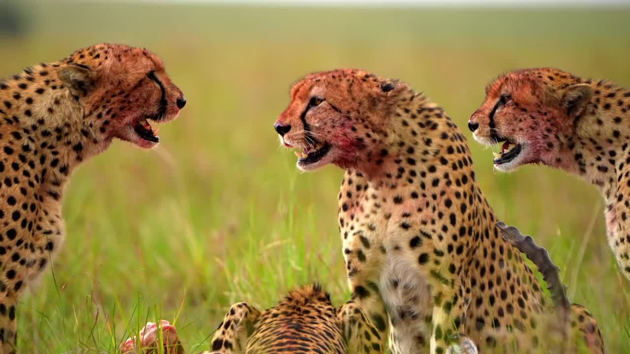 一群非洲猎豹兄弟在野生森林中搏斗的慢动作镜头。猎豹兄弟在森林里厮杀视频素材