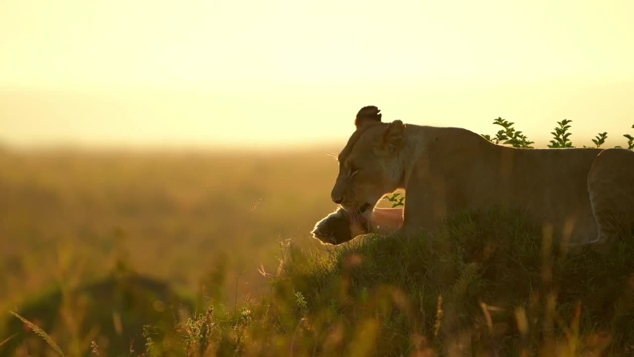 一只年轻的野生非洲母狮在森林的草地上休息的慢动作镜头。野生非洲雌狮在野生森林的草地上休息视频素材