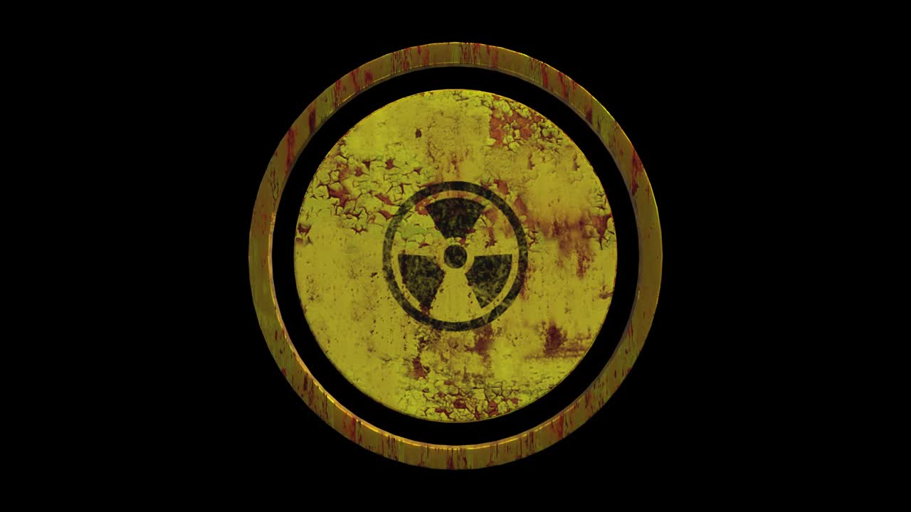 锈黄漆金属放射性标志旋转。无缝循环动画视频下载