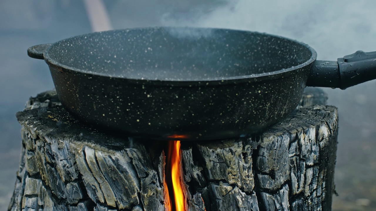瑞典或芬兰的圆木蜡烛。白天，火从木头里燃烧。在火上做饭。用平底锅煎葵花籽视频下载