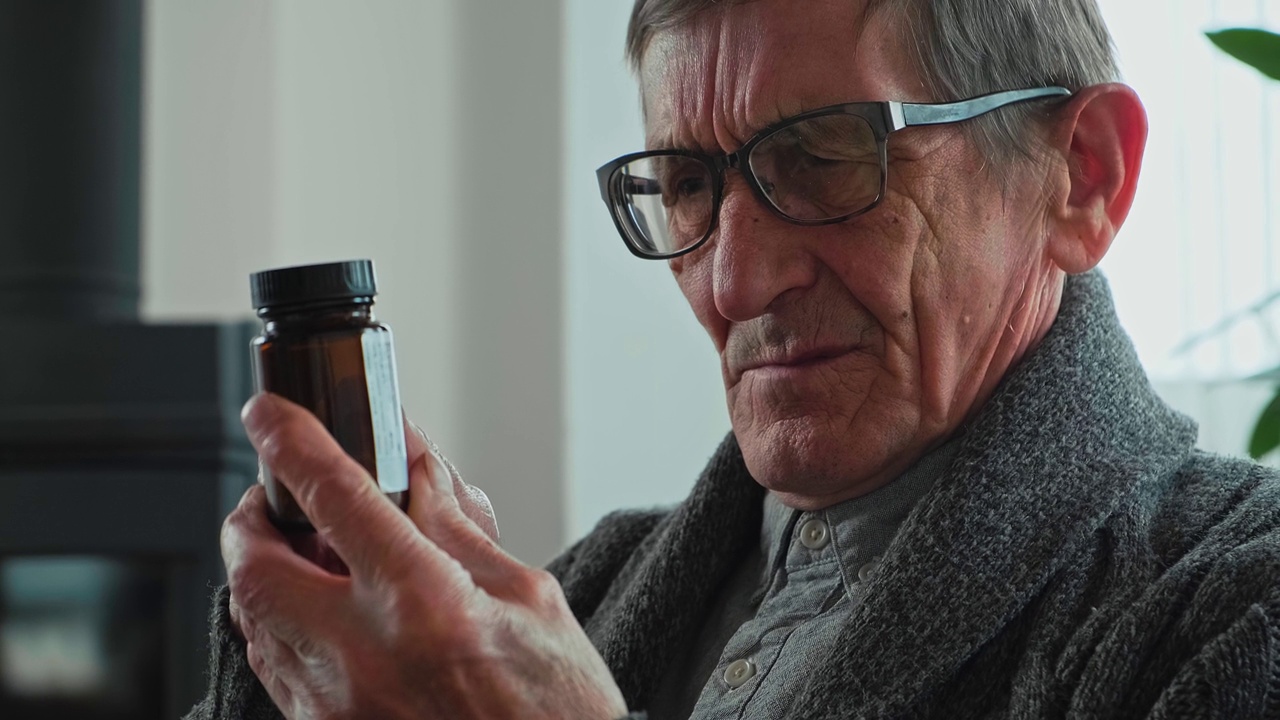 戴眼镜的老人拿起药瓶，认真地阅读药瓶上的说明视频下载