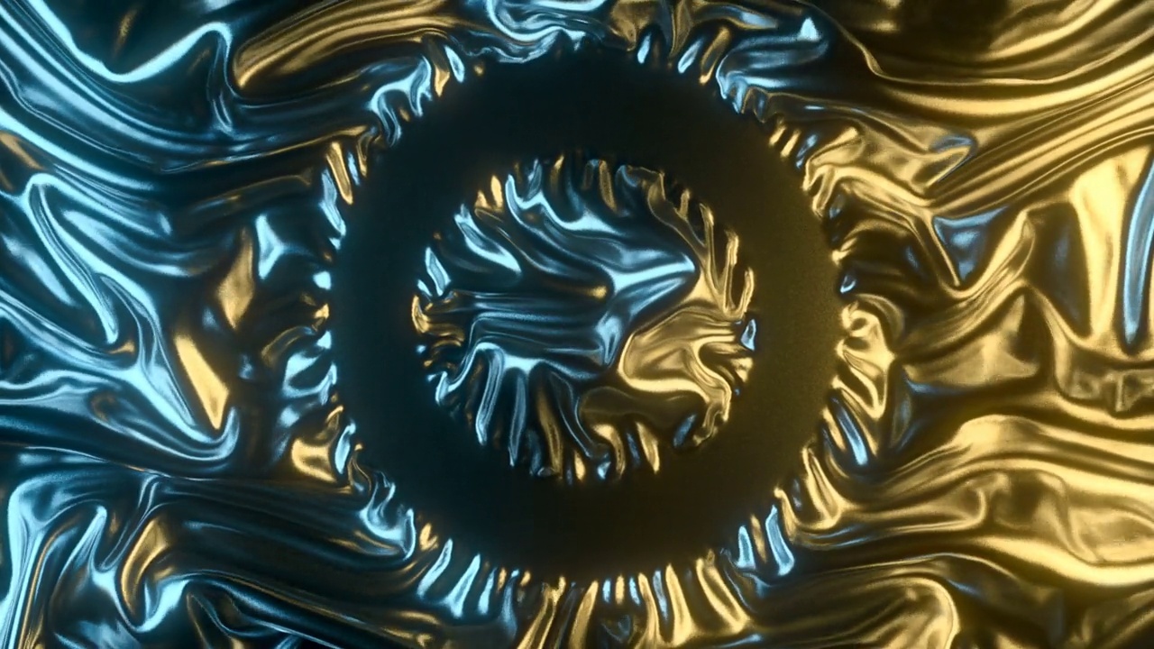 3d渲染数字动画的黑色金属闪亮箔与对比色蓝色和黄色的反射和位置为您的标志或标题的中间。高清分辨率视频下载