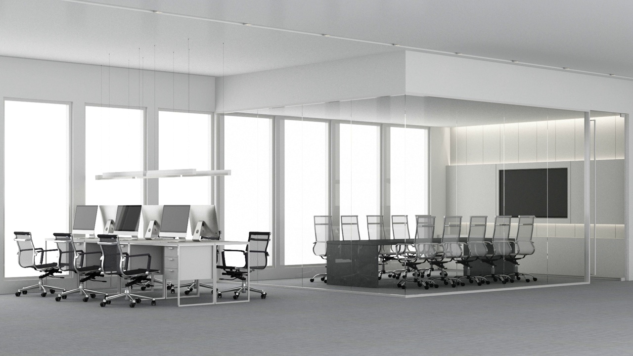 营造具有城市景观和日光的现代宽敞办公室内。工作场所设计概念地毯地板和办公家具会议室工作台。3 d渲染动画视频下载