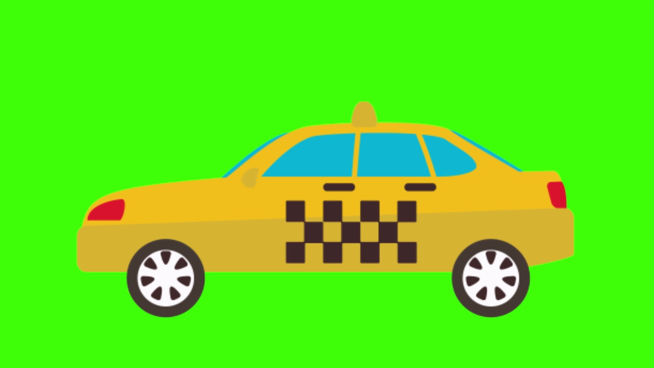 彩色简单动画的黄色出租车孤立在绿色屏幕上的4K视频下载
