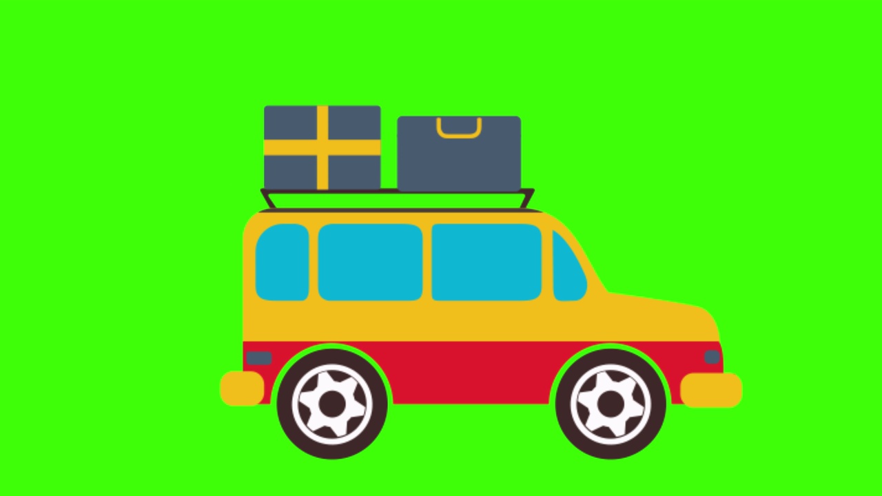 彩色简单动画的旅行汽车与手提箱隔离在绿色屏幕上的4K视频素材