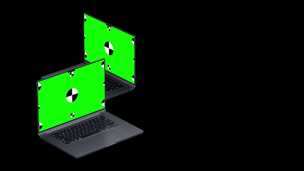 两台笔记本电脑在黑色背景上旋转。绿色屏幕与标记跟踪数字设备包括方便。3 d渲染。视频下载