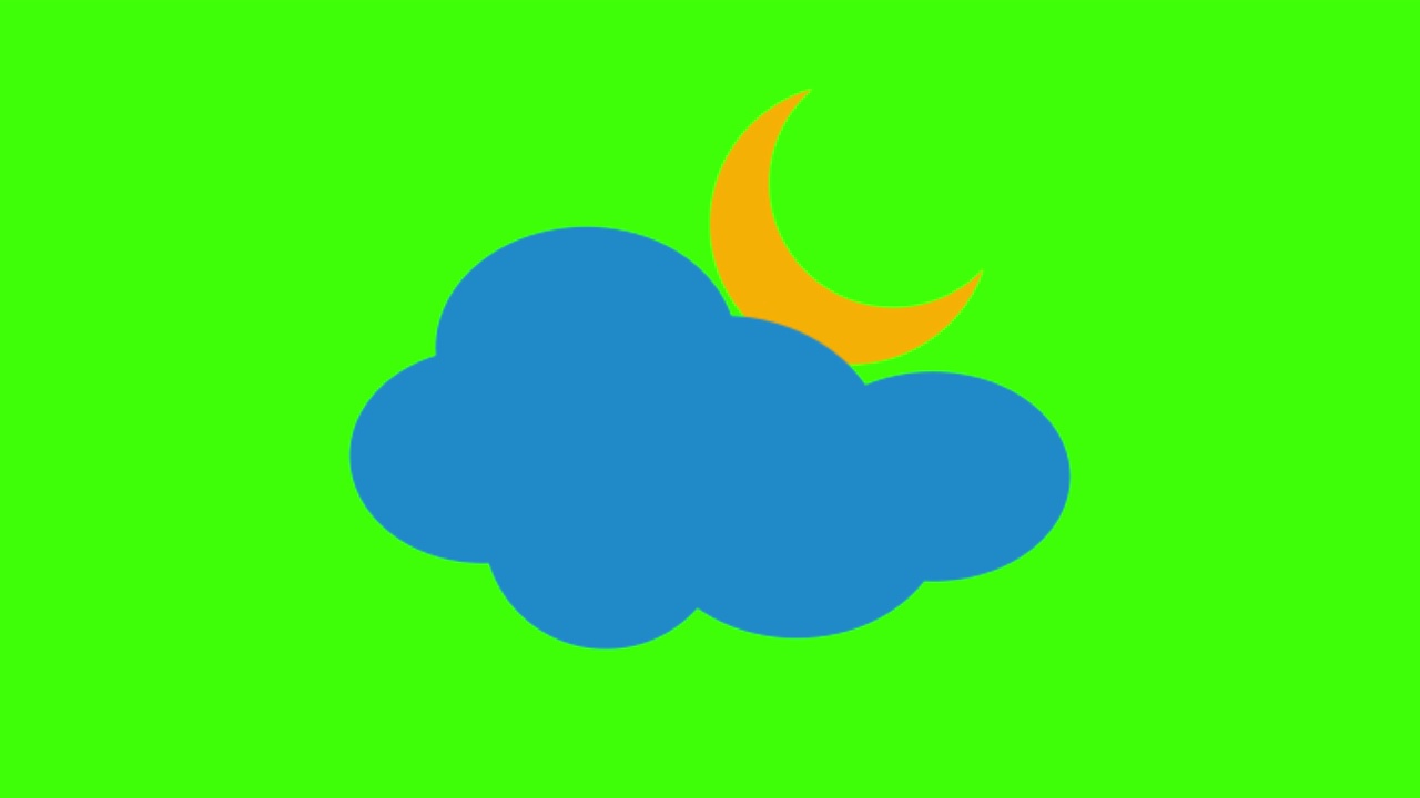 简单的动画部分多云的夜晚，云和新月图标孤立在绿色屏幕上的4K视频素材