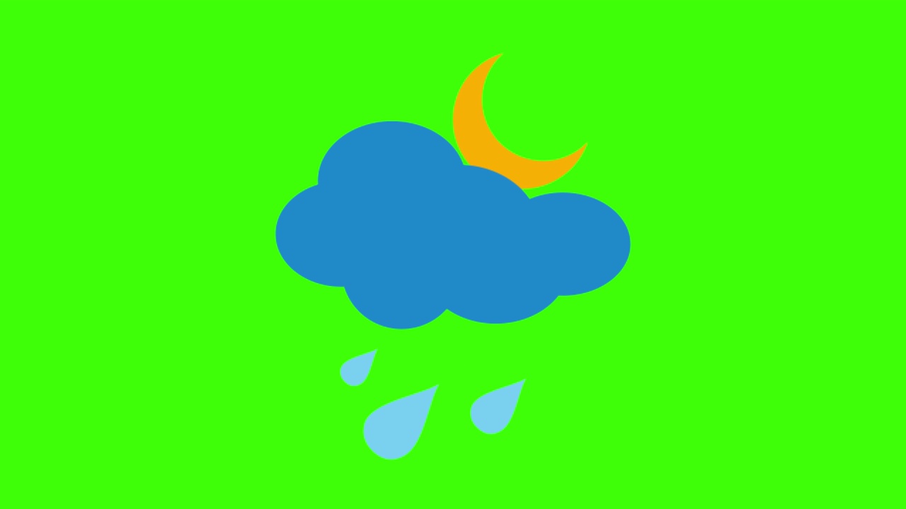 一个雨夜的简单动画，云，滴图标和新月孤立在一个绿色屏幕在4K视频素材