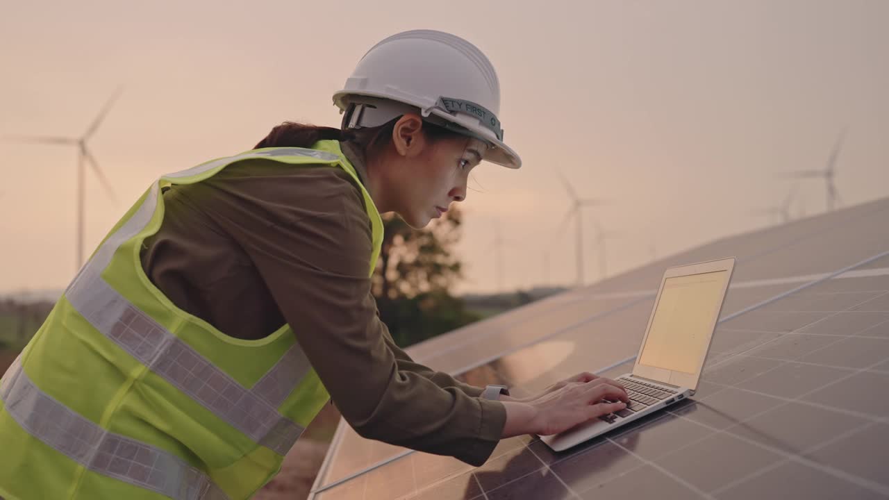 工程师在太阳能发电站使用笔记本电脑视频下载