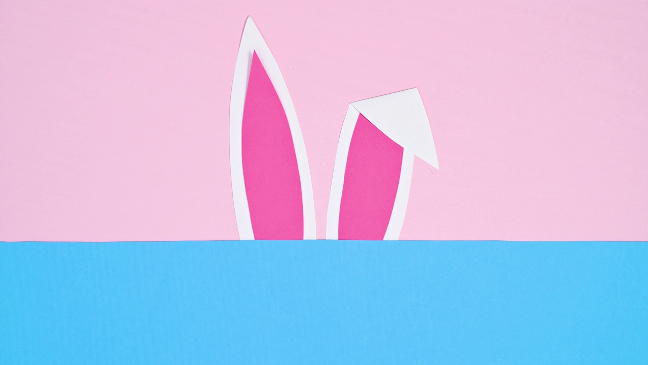 兔子耳朵出现在淡粉色和蓝色的背景上。复活节复制空间停止运动视频下载