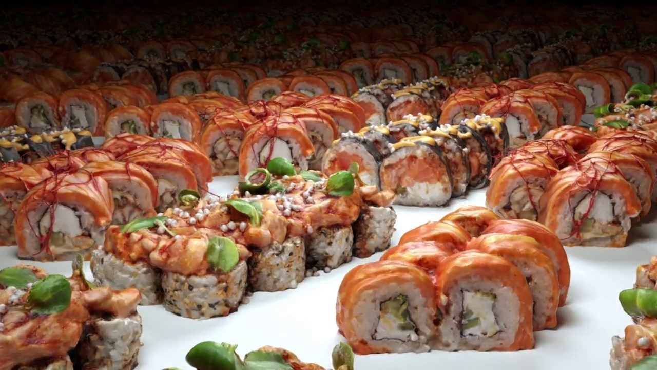 飞过寿司卷。3d渲染3d动画日本料理视频下载