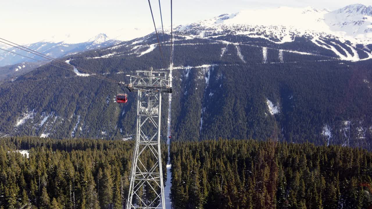 从山顶鸟瞰图到山顶缆车在惠斯勒黑梳滑雪胜地，BC，加拿大视频素材