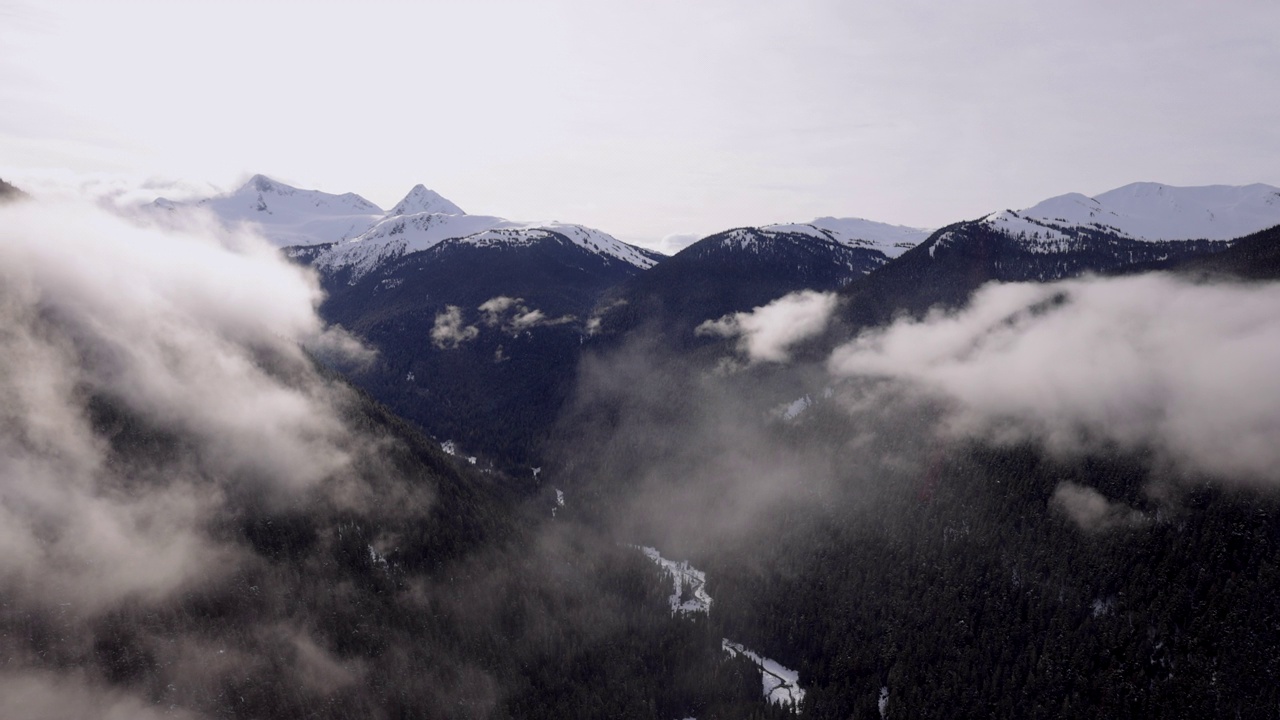 从山顶鸟瞰图到山顶缆车在惠斯勒黑梳滑雪胜地，BC，加拿大视频下载