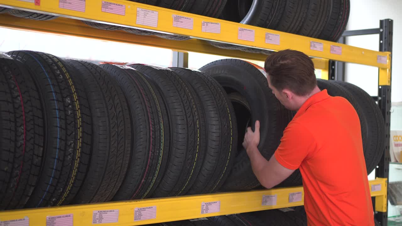 员工正在汽车维修站检查轮胎。视频下载
