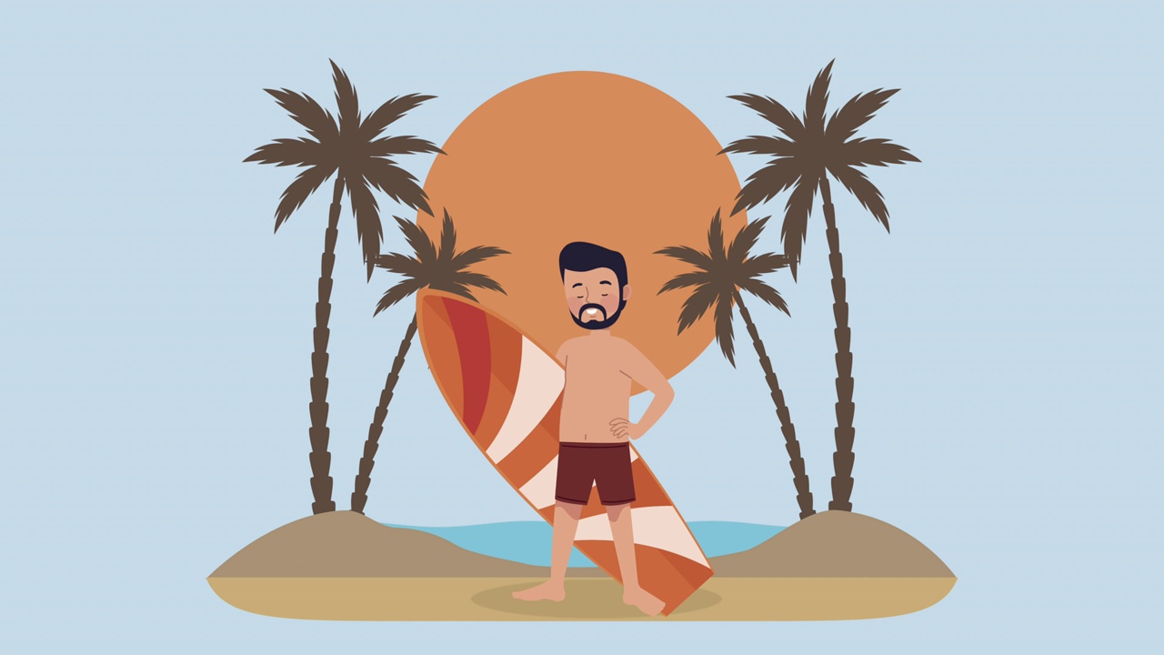 冲浪男子与橙色冲浪板海滩的场景视频下载