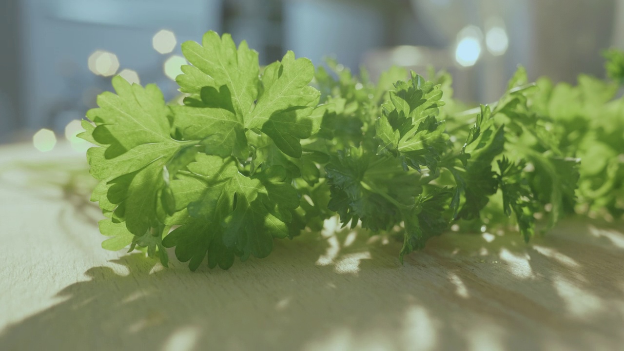 木桌上新鲜的绿色欧芹叶，微距镜头视频下载