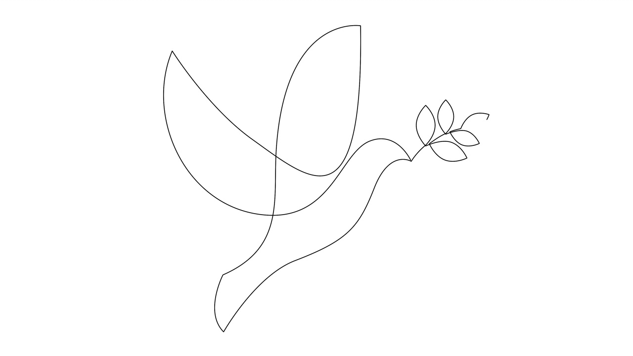 橄榄枝鸽子连续线概念草图自画动画。和平的象征。4 k。阿尔法通道视频下载