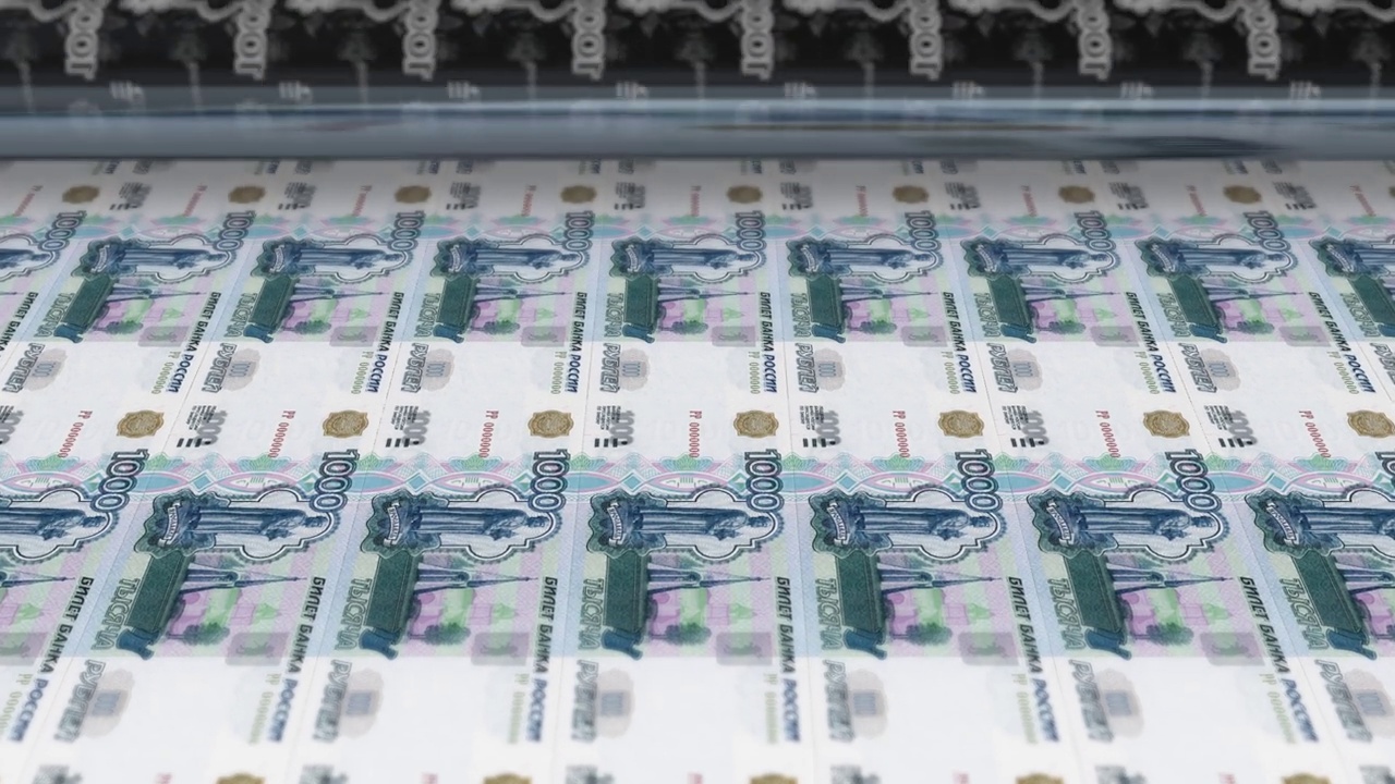 俄罗斯，俄罗斯卢布印刷机打印当前1000卢布纸币，无缝循环，俄罗斯货币背景，4K，焦点深度视频下载