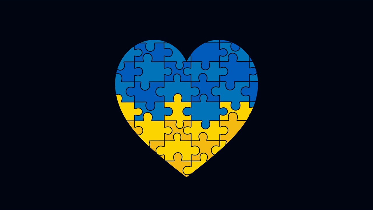 乌克兰国旗为拼图之心。4 k动画。视频素材