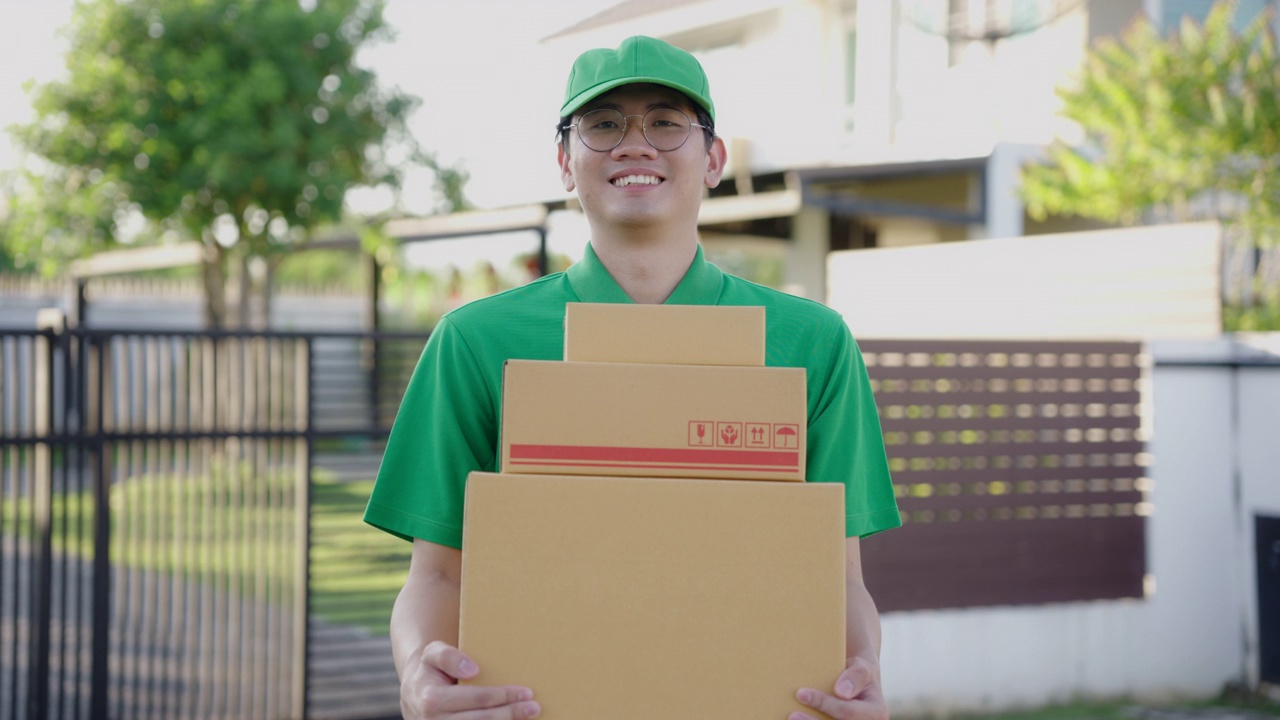 帅气的送货亚洲微笑男子穿着绿色制服和眼镜，拿着三个包裹纸板箱在客户的房子前，他很高兴他的工作。4 k决议。视频素材