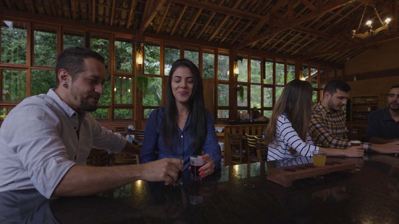 快乐的巴西夫妇在啤酒厂品尝不同的啤酒时祝酒视频下载