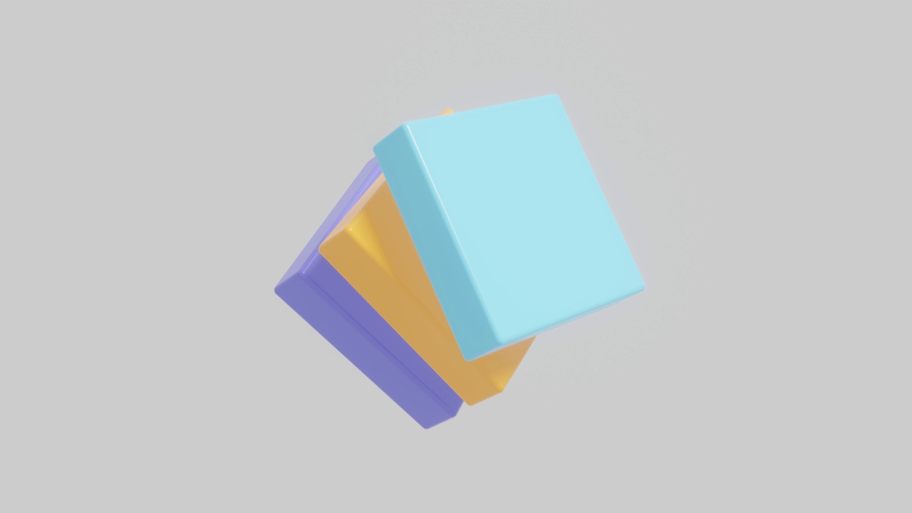 蓝橙紫颜色的3d盒子在白色背景上旋转。摘要无缝循环三维渲染运动图形对象视频素材