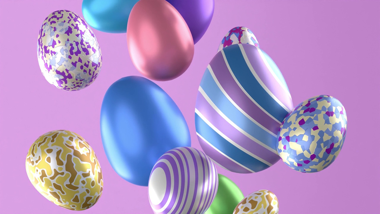 多重彩色和装饰复活节彩蛋流动在紫色背景4K分辨率视频下载