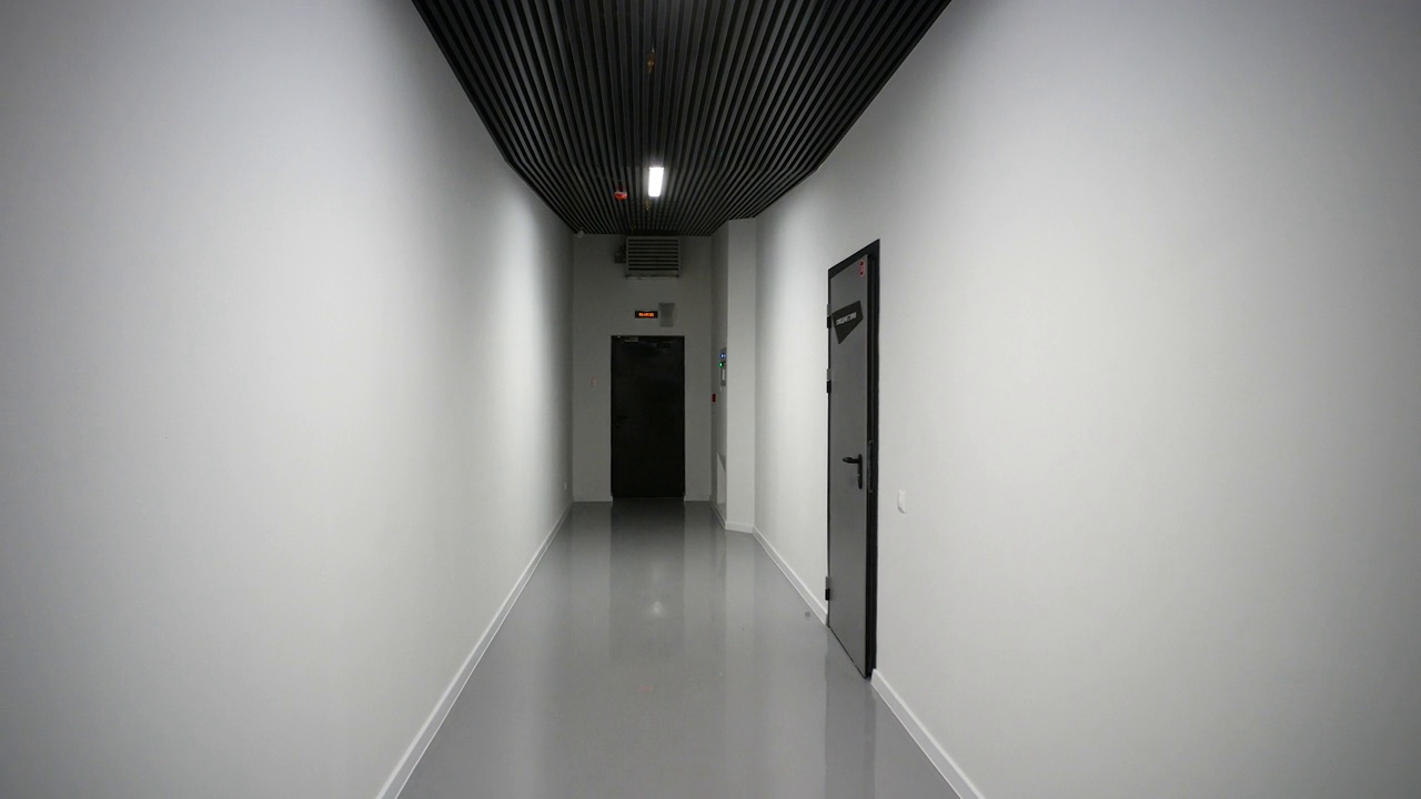 摄像机沿着黑白的服务走廊向前飞行视频素材