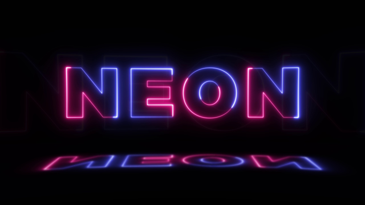 霓虹灯发光的单词“Neon”在黑色的背景和地板上的反射。霓虹灯发光标志无缝循环运动图形视频下载