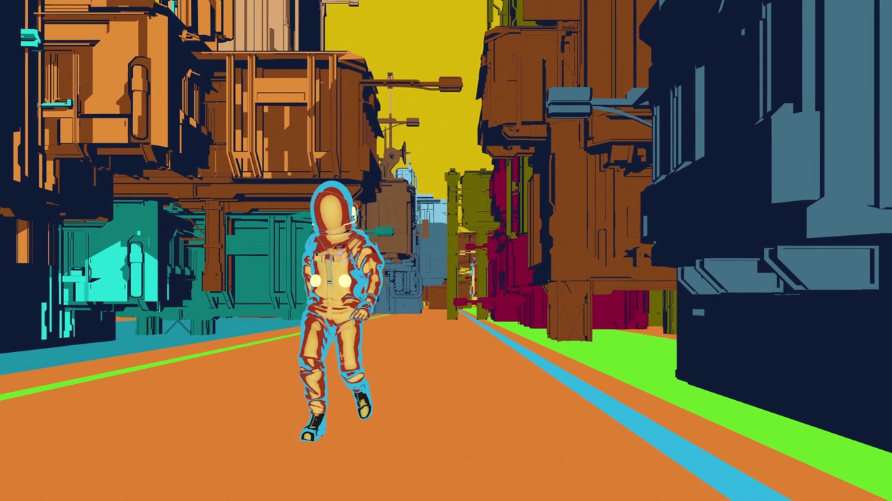 未来漫画宇航员在城市中行走视频素材