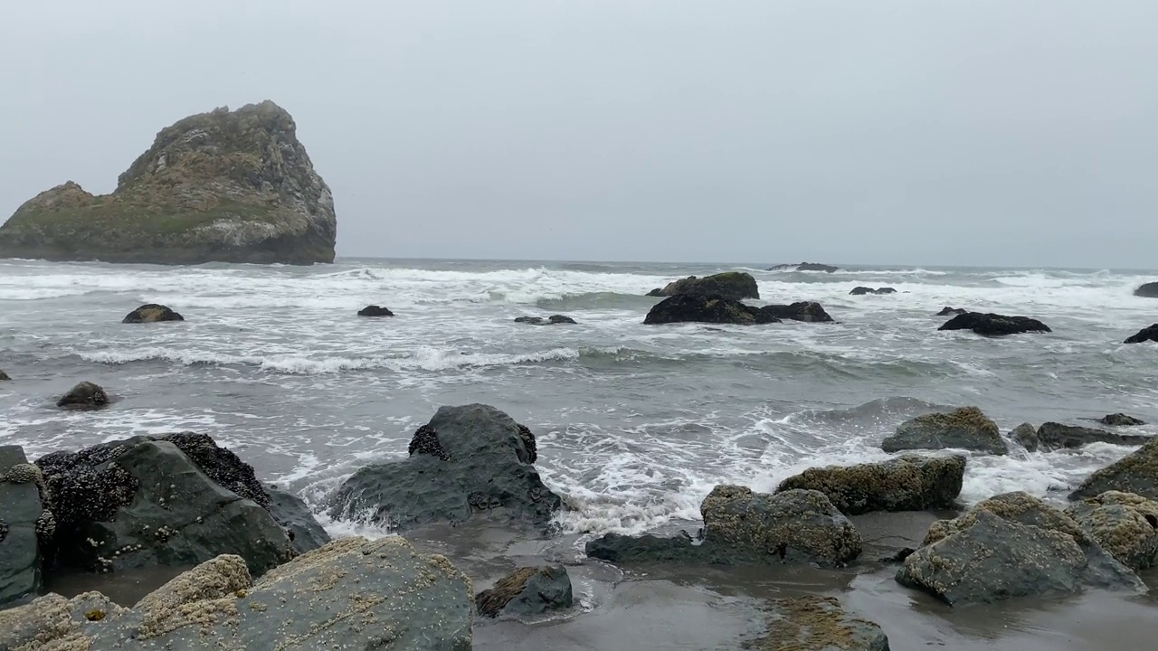 岩石海洋，海边平移运动视频雾，雾和薄雾视频素材