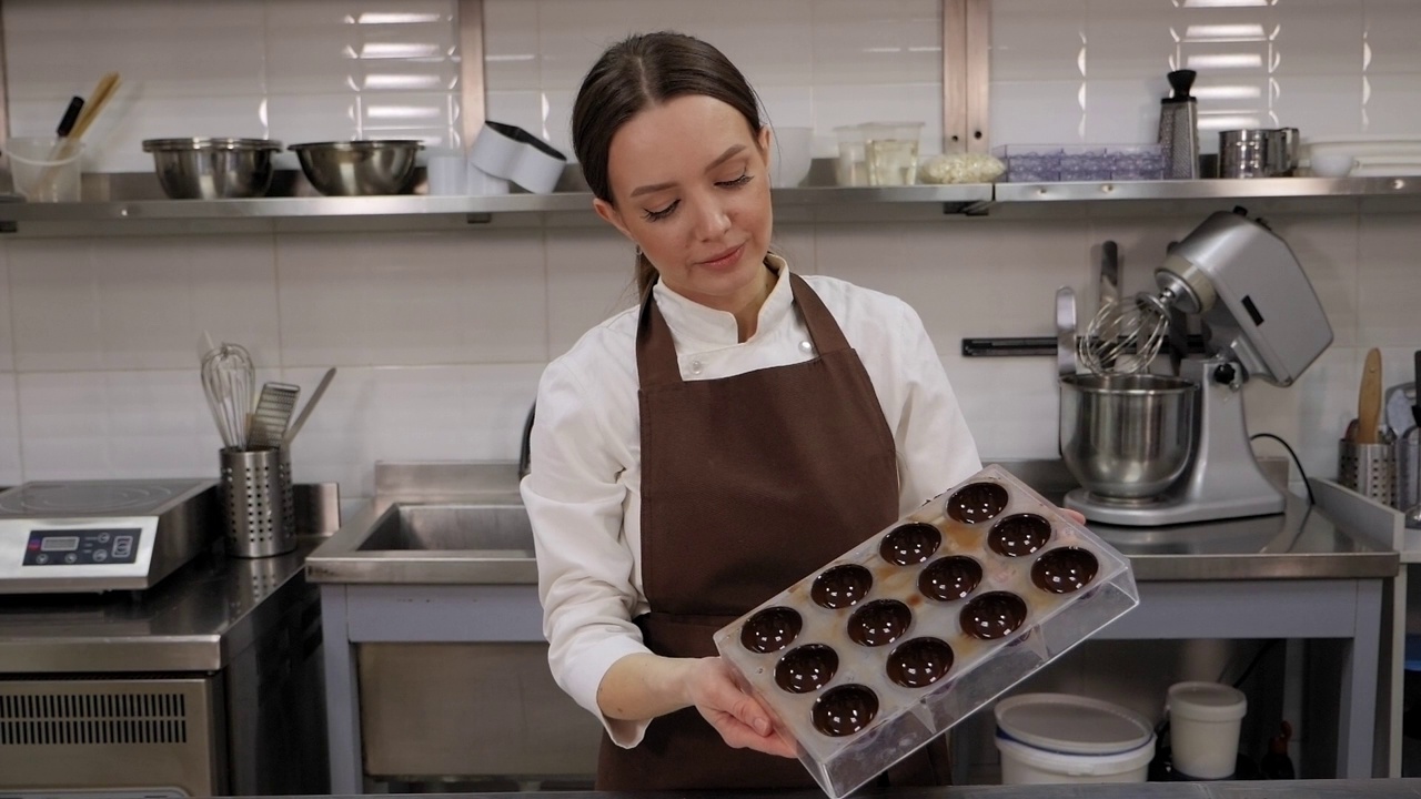 一位女糕点师在厨房里拿着制作果仁巧克力的表格。视频素材