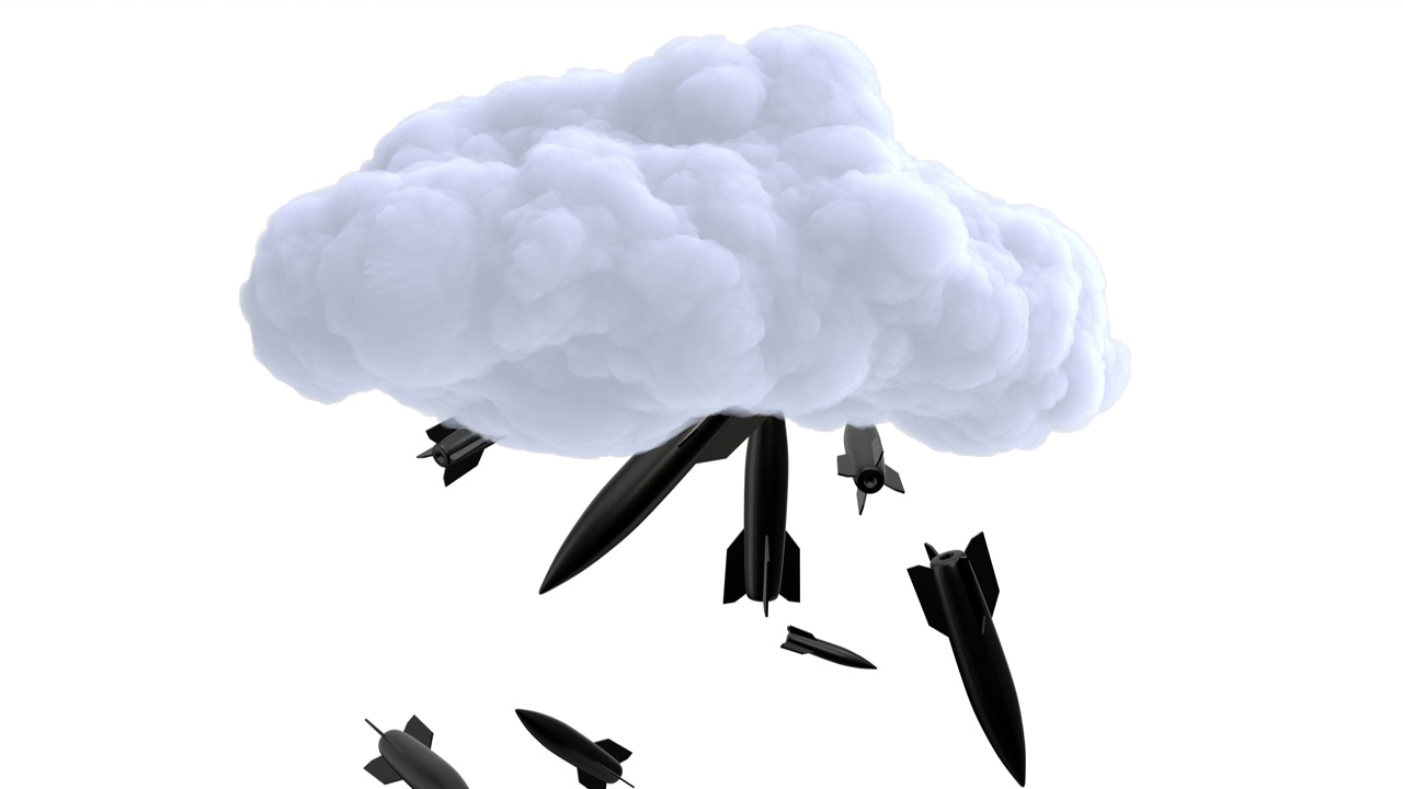 黑色的空中炸弹从云中孤立地落在白色的背景上。视频素材