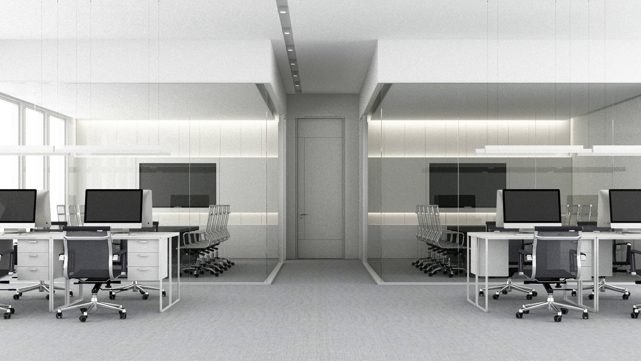 现代现代宽敞的办公室室内与城市景观和日光。工作场所设计概念，地毯地板和办公家具会议室工作区。3D渲染动画循环视频下载