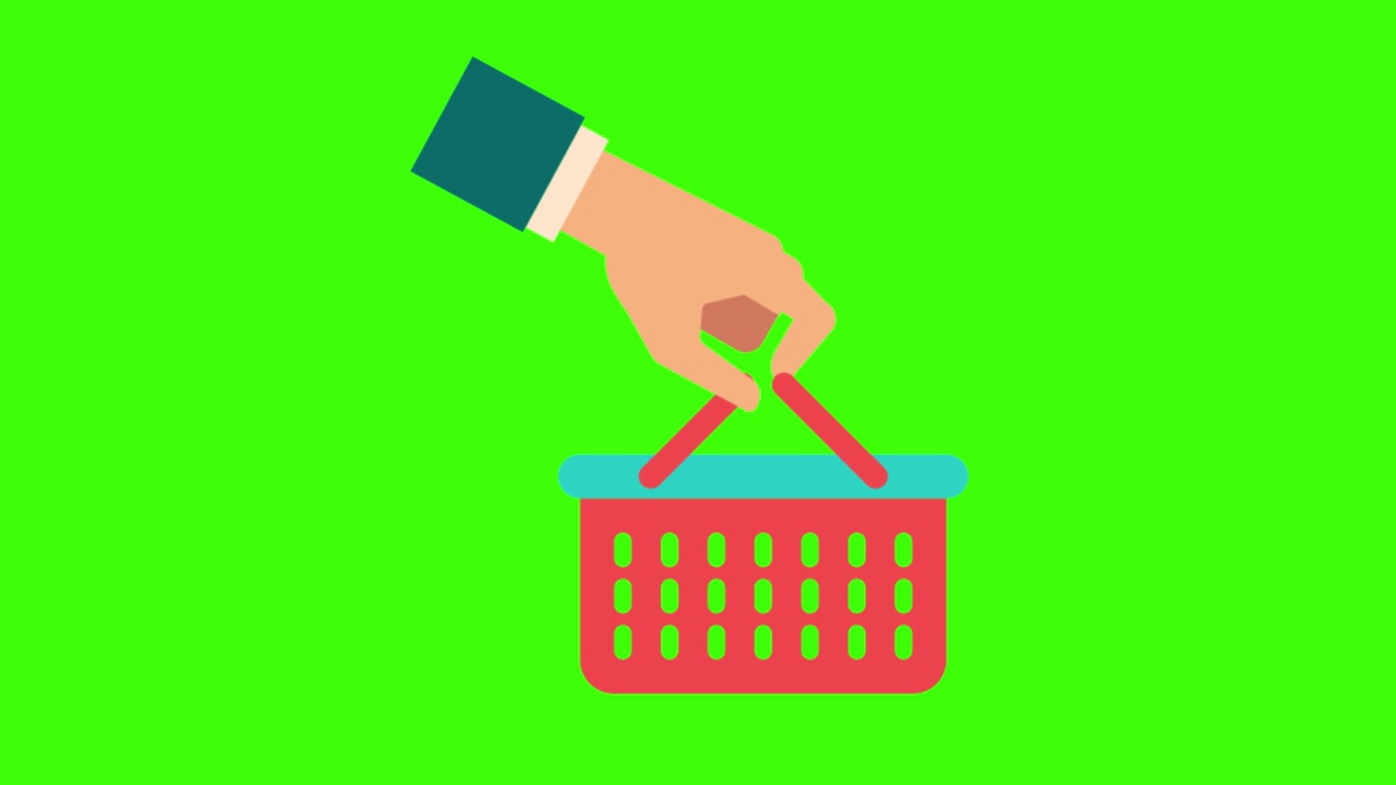 彩色简单的动画，一个人的手拿着一个购物篮孤立在一个绿色的屏幕4K视频下载
