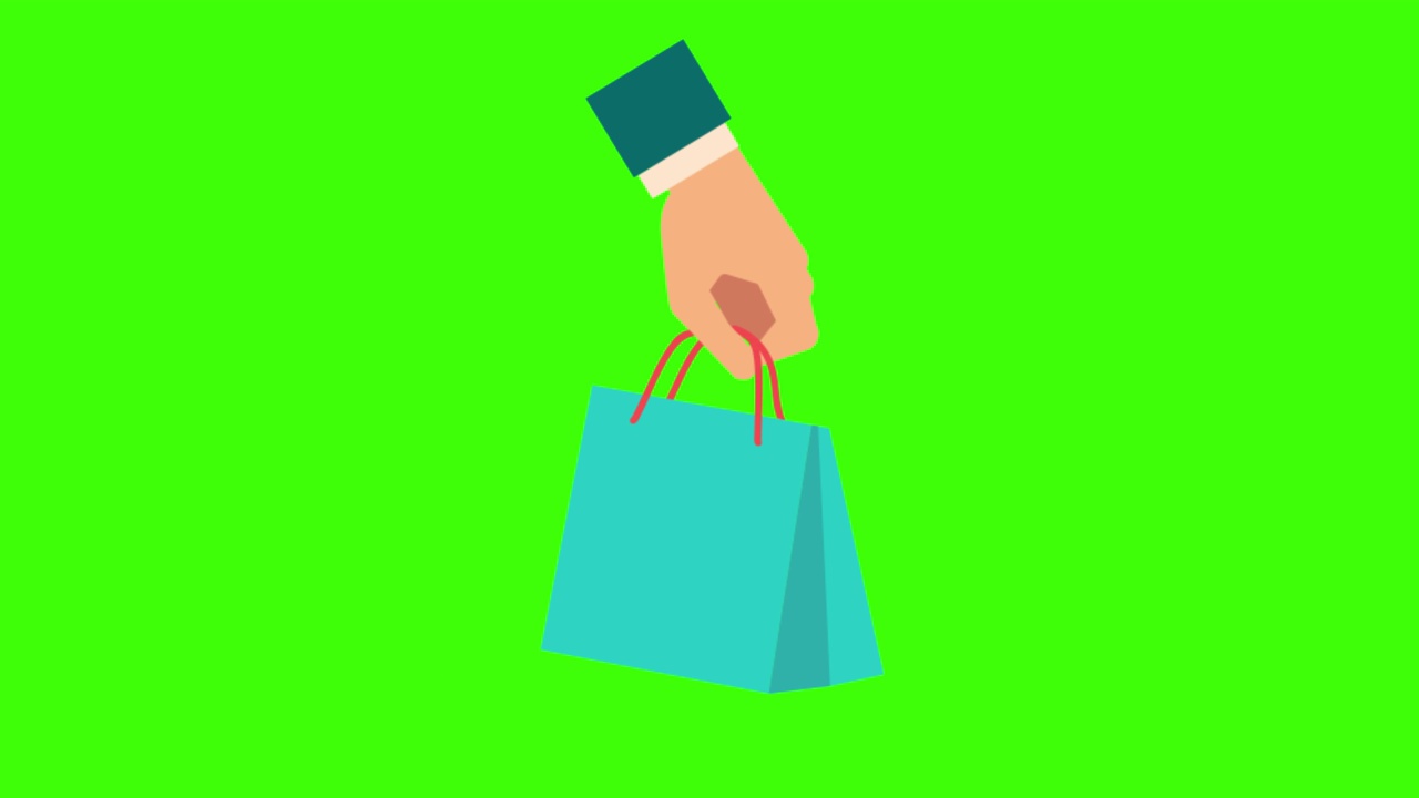 彩色简单的动画，一个人的手拿着一个购物袋隔离在一个绿色的屏幕4K视频素材