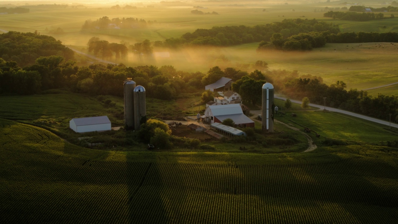 WS HA空中跟踪和在日落时在爱荷华州的一个农场上进行摇锅。视频素材