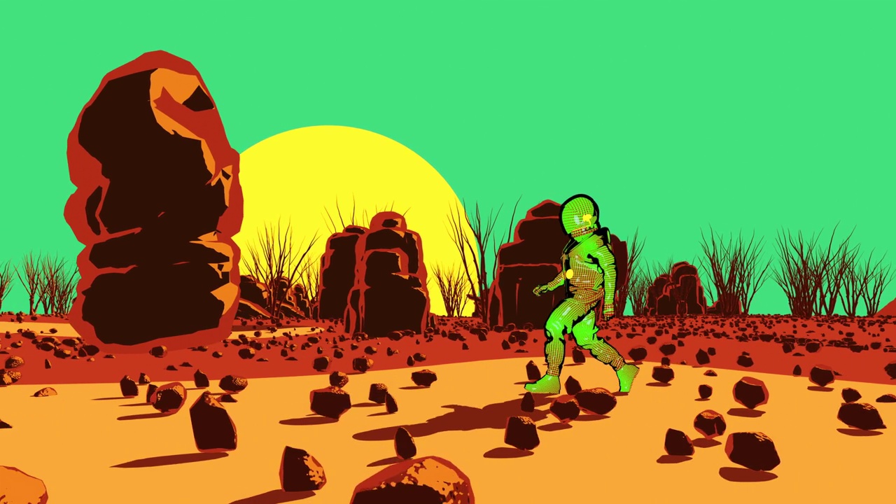 未来漫画宇航员在贫瘠的土地上行走视频下载