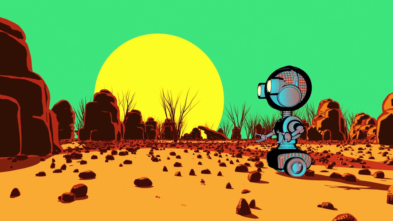 未来有趣的卡通机器人在贫瘠的土地上滚动视频素材